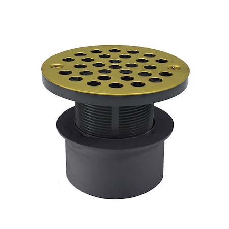 Jones Stephens 3in. PVC Inside Pipe Fit Drain Base with 2in. Plastic Spud and 4in. Polished Brass Stamped Strainer D53154